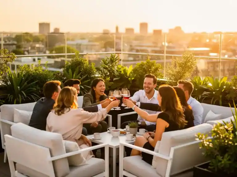 Professionals proosten lachend op een zonnig dakterras in Amsterdam, omgeven door groen en warm gouduur licht.