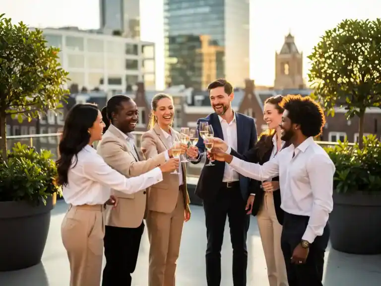 Professionals proosten met champagneglazen op een zonnig dakterras met het Amsterdamse skyline op de achtergrond.