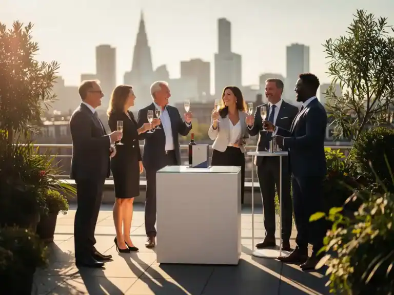 Professionals heffen champagneglazen bij een productpodium op een zonnig dakterras met de skyline van Amsterdam op de achtergrond.