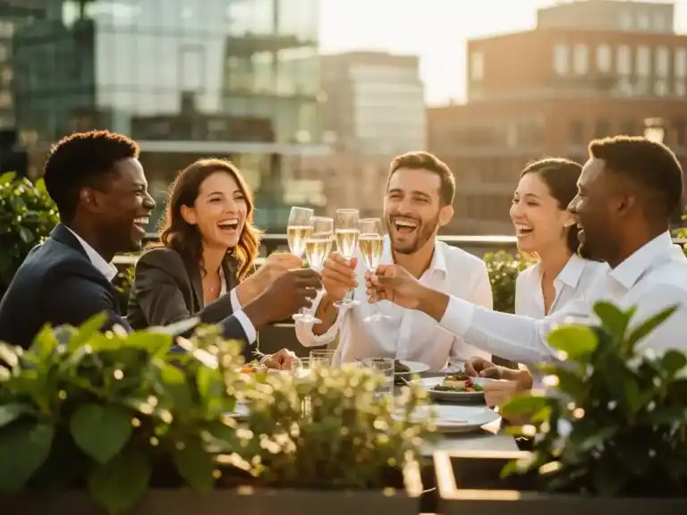 Professionals proosten met champagneglazen op een zonnig dakterras in Amsterdam, omringd door groen met de skyline op de achtergrond.