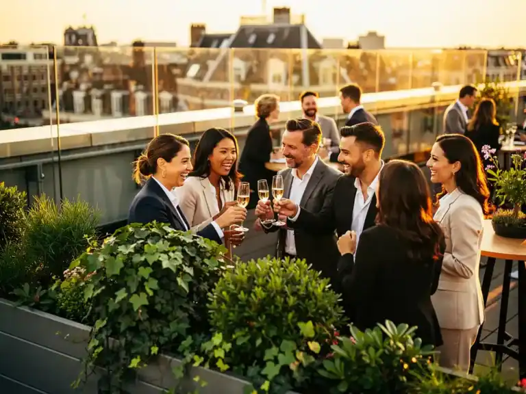 Goed geklede professionals proosten met champagne op een zonnig dakterras in Amsterdam, omringd door weelderig groen in gouden avondlicht.
