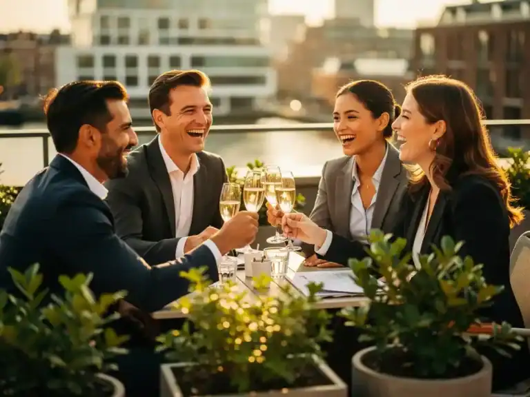 Professionals proosten lachend met champagne op een zonnig dakterras in Amsterdam, met groen en de skyline op de achtergrond.