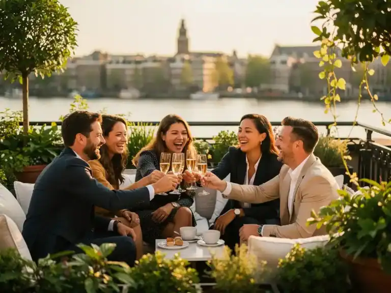 Professionals proosten met champagne op een zonnig dakterras in Amsterdam, omgeven door weelderig groen in warm middaglicht.