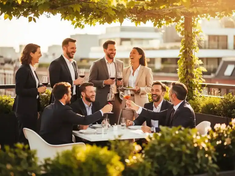 Professionals proosten op een zonnig dakterras in Amsterdam, omgeven door groen en moderne architectuur, in warm middaglicht.