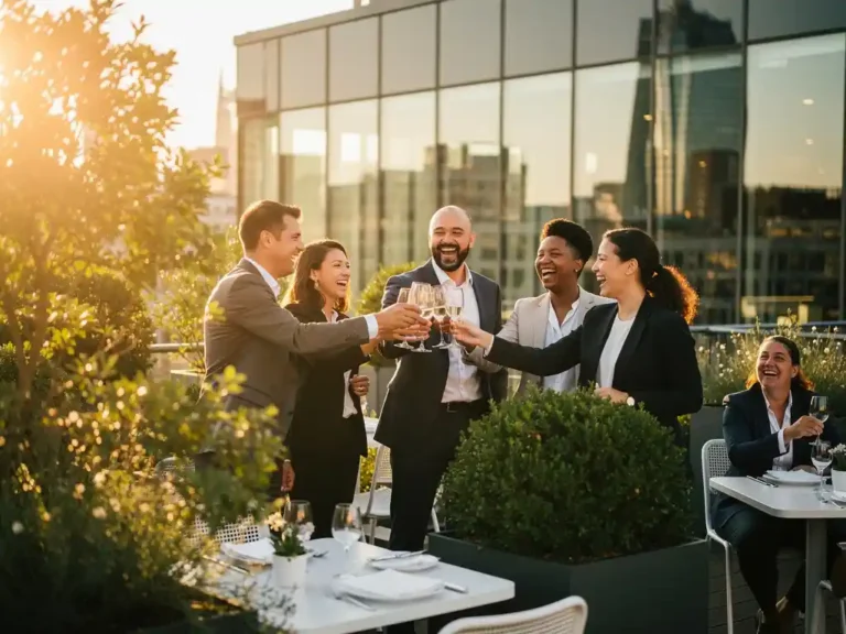 Professionals proosten lachend op een zonnig dakterras in Amsterdam, omgeven door weelderige planten en glazen wanden in gouden avondlicht.