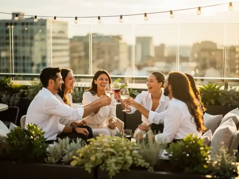 Professionals in smart-casual kleding proosten lachend op een zonnig dakterras met groen en sfeervol lichtsnoer bij gouden uur.
