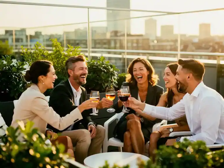 Professionals proosten lachend op een zonnig dakterras in Amsterdam, omgeven door groen en moderne architectuur.