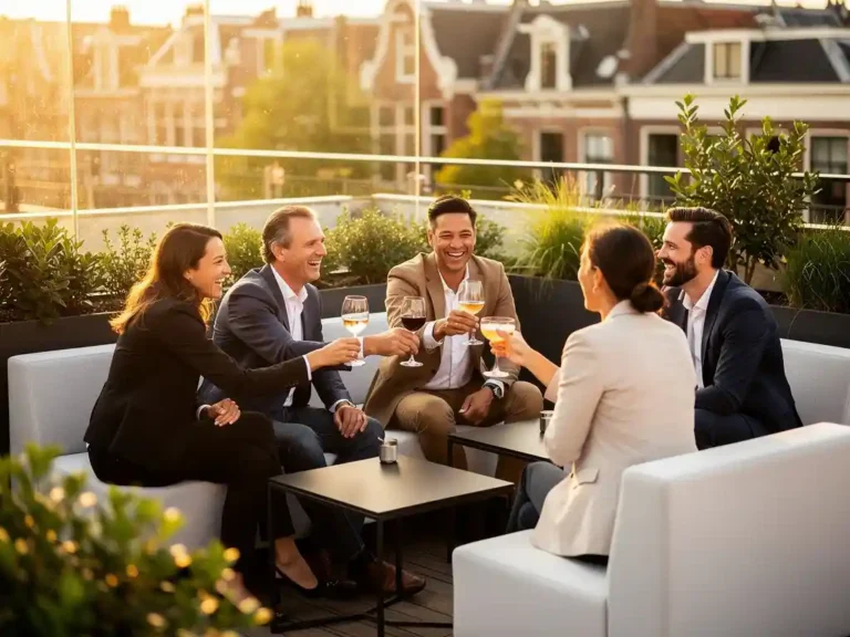 Professionals proosten en lachen tijdens een zakelijk evenement op een zonnig dakterras in Amsterdam.