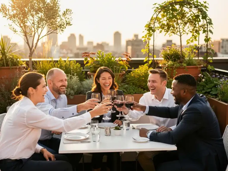 Diverse professionals proosten tijdens een netwerkevenement op een zonnig dakterras met stadsgroen op de achtergrond.
