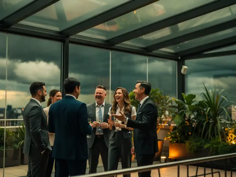 Professionals netwerken en lachen onder glazen paviljoen, dramatische stormwolken op de achtergrond, warm gouden interieurlicht.