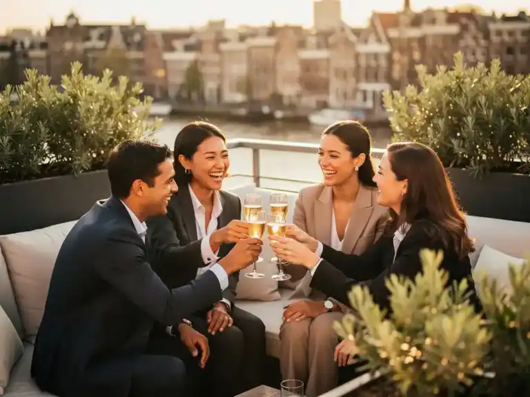 Lachende professionals op een zonnig dakterras in Amsterdam met champagneglazen, omgeven door stedelijk groen.