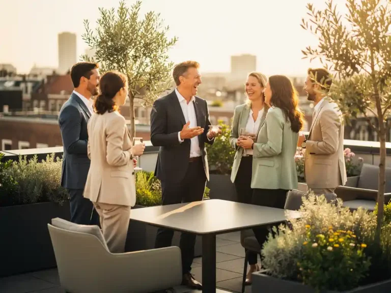 Professionals lachen en converseren op een zonnig dakterras in Amsterdam tijdens gouden uur, omringd door weelderige planten.