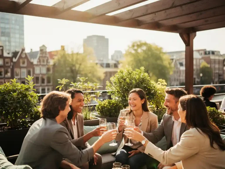 Lachende professionals in smart-casual kleding proosten op een zonnig dakterras in Amsterdam tijdens gouden uur.