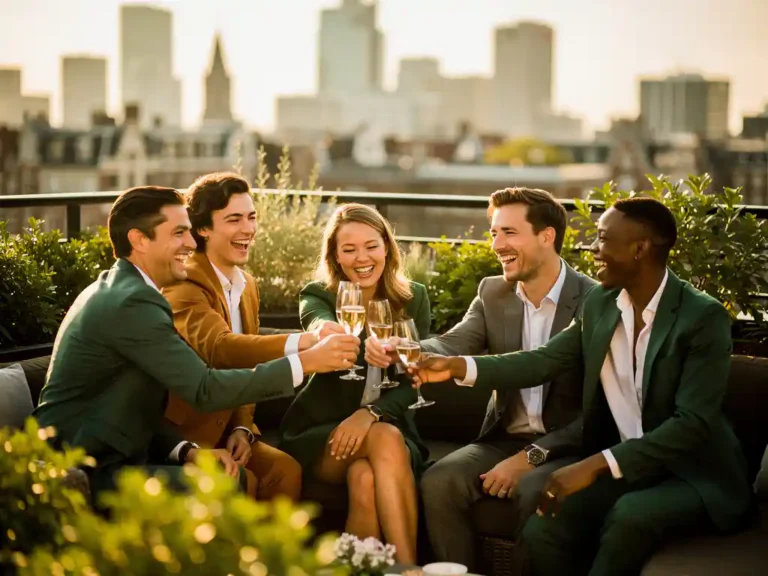 Professionals proosten op een zonnig dakterras in Amsterdam, omgeven door groen met de skyline op de achtergrond.