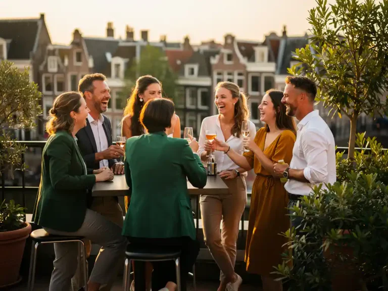 Professionals proosten en lachen op een zonnig dakterras in Amsterdam tijdens een zakelijk netwerkevenement bij gouden-uurlicht.