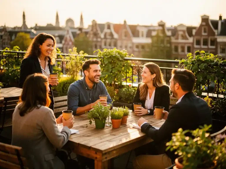 Professionals lachen en minglen op een zonnig dakterras in Amsterdam met bamboe bekers en kruiden op houten tafels.