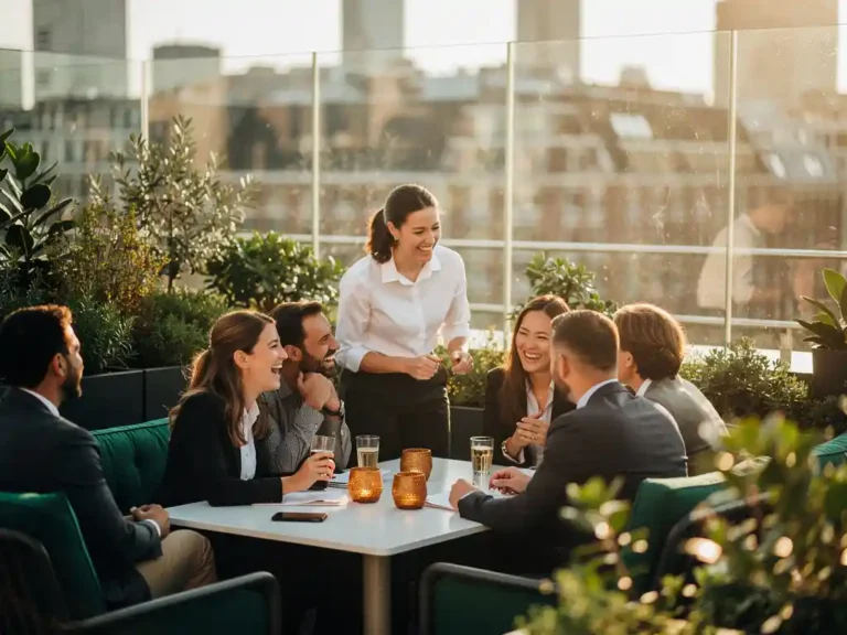Professionals netwerken lachend op een zonnig dakterras in Amsterdam tijdens gouden uur, omgeven door groen en modern meubilair.
