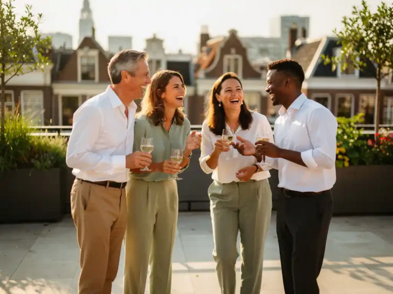 Professionals in smart-casual kleding lachen en converseren op een zonnig dakterras in Amsterdam met glazen in de hand.