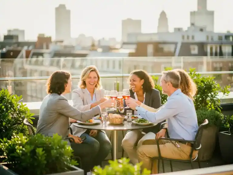 Professionals proosten en lachen op een zonnig dakterras in Amsterdam, met een stadssilhouet en groene planten op de achtergrond.