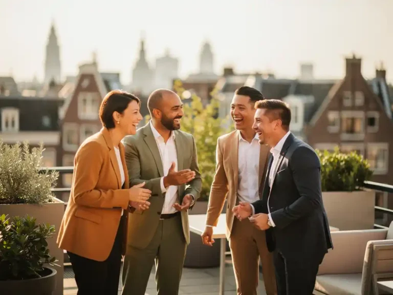Professionals in gesprek op een zonnig dakterras in Amsterdam, omgeven door groen, in warm middaglicht.