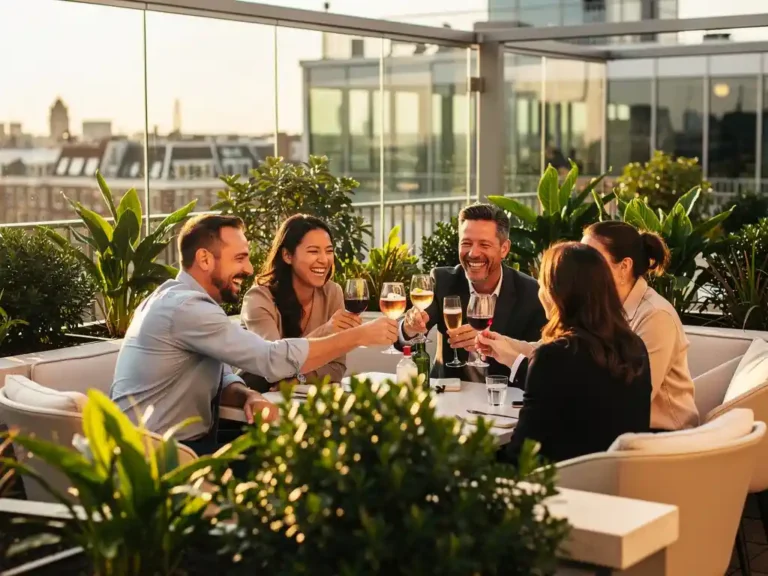Professionals die lachen en proosten op een zonnig dakterras in Amsterdam, omgeven door weelderige planten en modern architectuur.