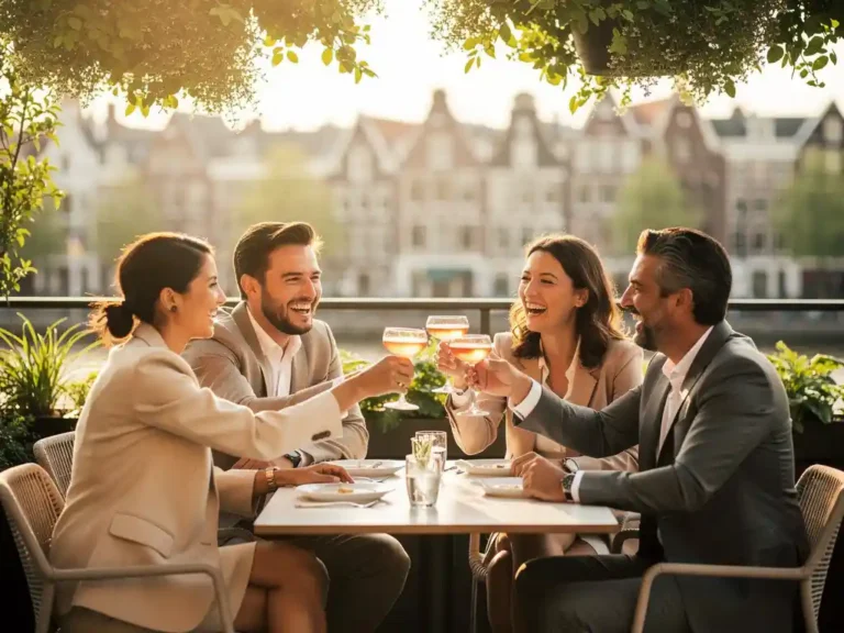 Professionals klinken glazen op zonnig dakterras met uitzicht op de Amsterdamse skyline en groene begroeiing.