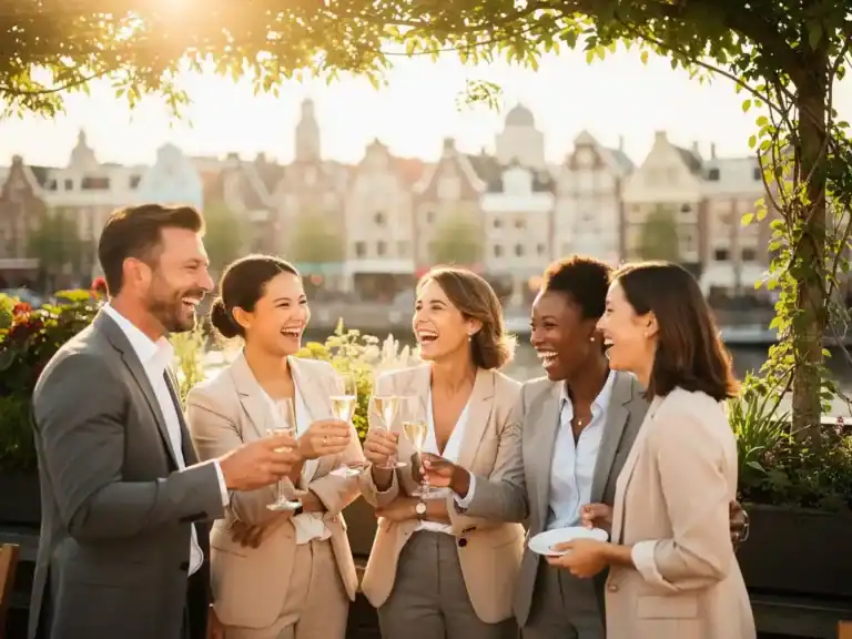 Lachende professionals die proosten op een zonnig dakterras in Amsterdam, met stadssilhouet en groen op de achtergrond.