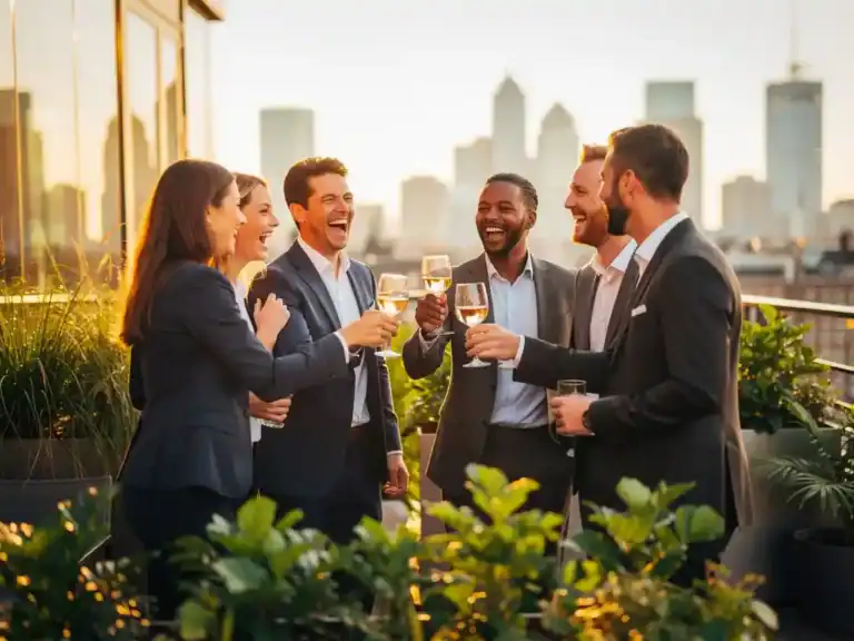 Professionals lachen en proosten op een zonnig dakterras in Amsterdam, omgeven door groen en warm gouden licht.