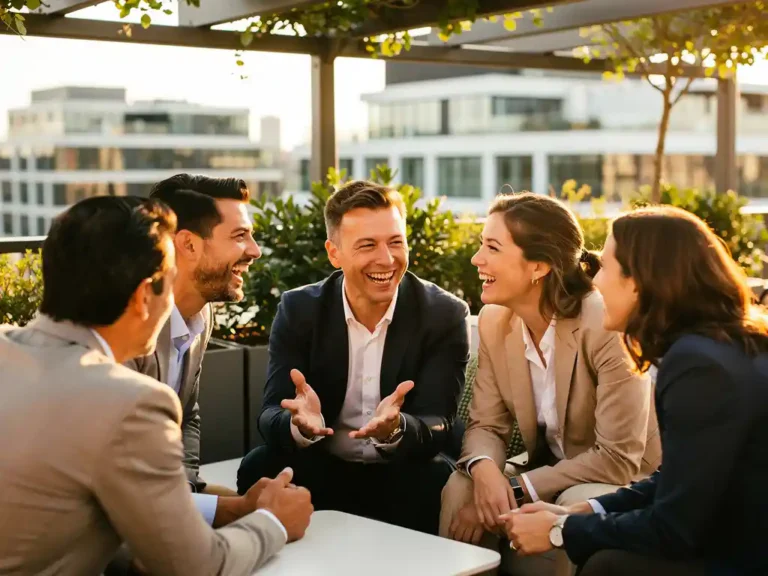 Professionals lachen tijdens een gesprek op een zonnig dakterras met de skyline van Amsterdam op de achtergrond.