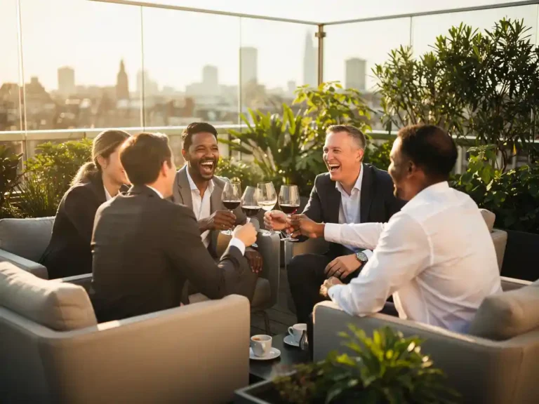 Professionals die lachen en proosten op een zonnig dakterras in Amsterdam, omgeven door groen en modern meubilair.