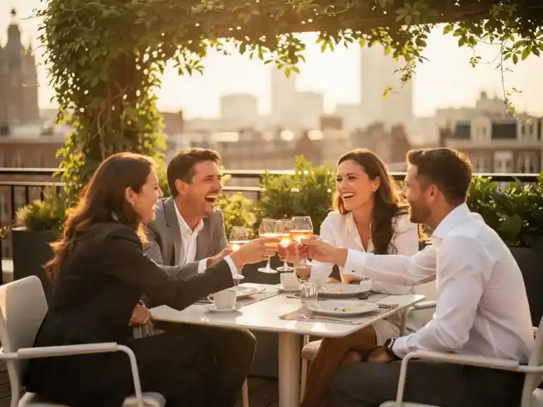 Professionals proosten lachend op een zonnig dakterras in Amsterdam, omgeven door groen stadsgroen in warm middaglicht.