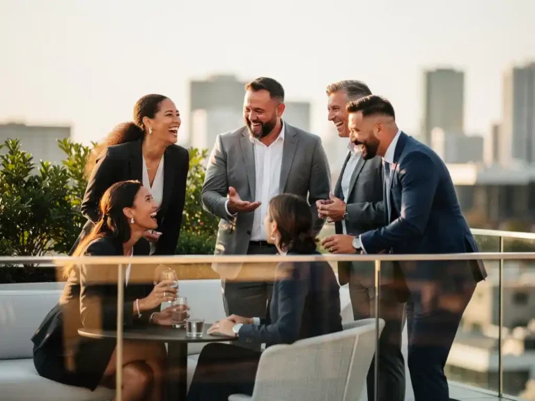Lachende collega's in gesprek op een zonnig dakterras met stadssilhouet op de achtergrond tijdens gouden uur.