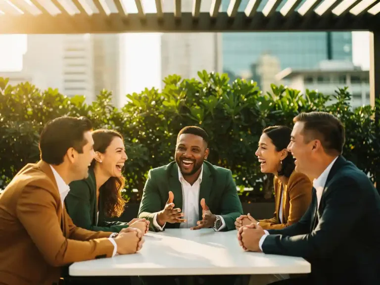 Professionals lachend in gesprek op zonnig dakterras met stadssilhouet en weelderig groen op de achtergrond.