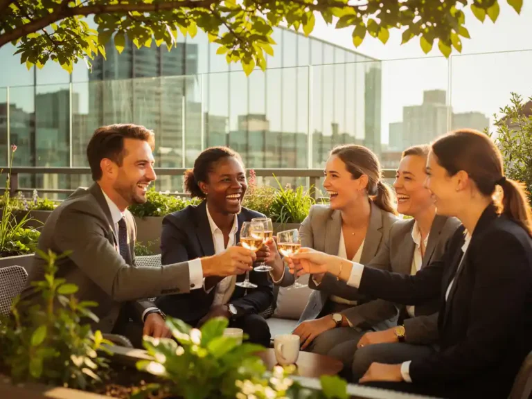 Professionals proosten lachend op een zonnig dakterras in Amsterdam, omgeven door weelderig groen en glazen wanden.