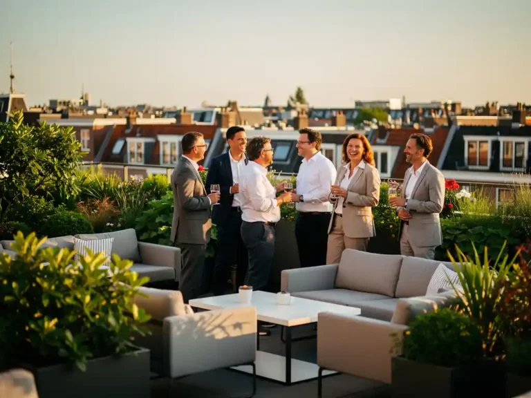 Professionals in gesprek op een zonnig dakterras in Amsterdam, omgeven door groene plantenbakken en stadsgezicht in gouden middaglicht.