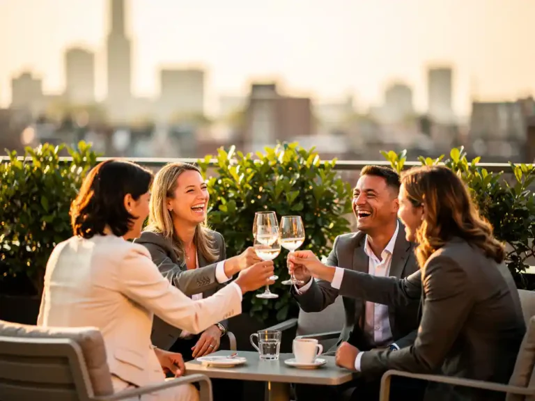 Internationale professionals proosten op een zonnig dakterras in Amsterdam, met de skyline zichtbaar tussen groen tijdens het gouden uur.