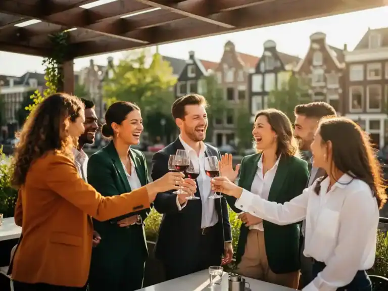 Professionals die lachen en proosten op een zonnig dakterras in Amsterdam, warm middaglicht door een pergola.