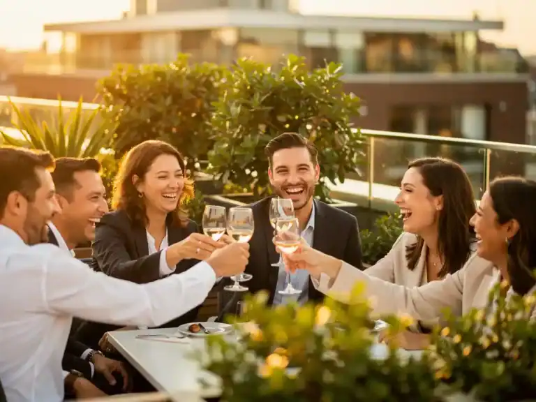 Professionals proosten lachend op een zonnig dakterras in Amsterdam, omgeven door groen en moderne architectuur tijdens het gouden uur.