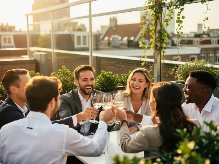 Professionals proosten lachend op een zonnig dakterras in Amsterdam, omgeven door groen en moderne architectuur.
