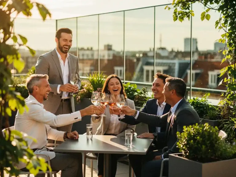 Professionals proosten lachend op een zonnig dakterras in Amsterdam, omgeven door weelderige planten en glazen wanden.