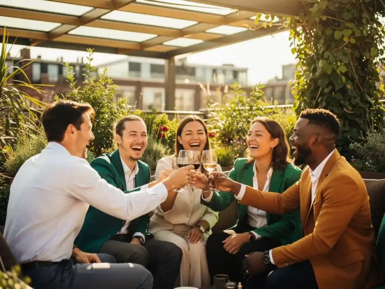 Professionals die lachen en proosten op een zonnig dakterras in Amsterdam, omgeven door weelderig groen en warm gouden licht.
