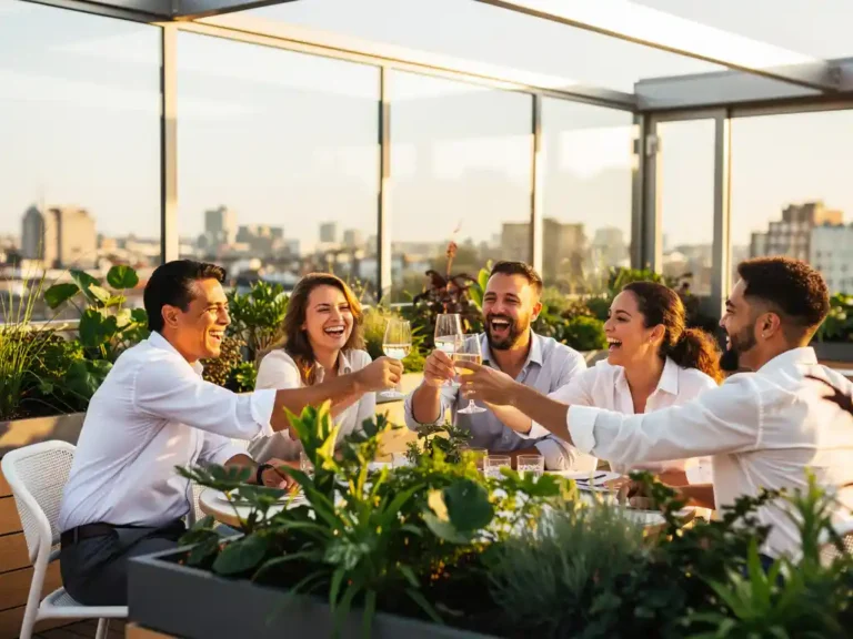 Professionals die lachen en proosten op een zonnig dakterras in Amsterdam, omgeven door groene planten en moderne architectuur.