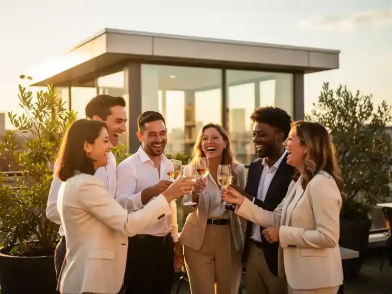 Professionals proosten lachend op een zonnig dakterras in Amsterdam, met een glazen paviljoen en weelderig groen op de achtergrond.