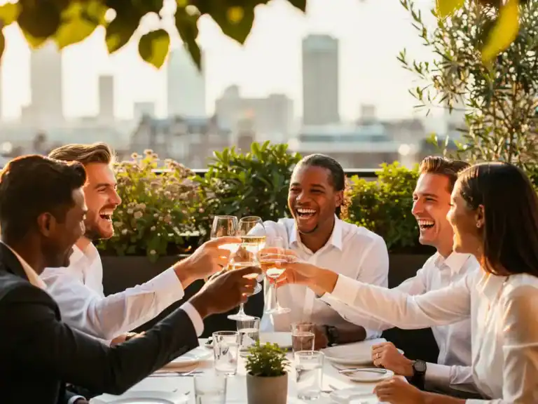 Collega's proosten en lachen op een zonnig dakterras in Amsterdam, omgeven door groen met gouden avondlicht.