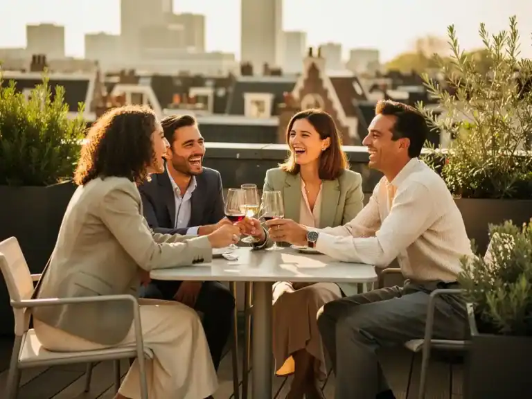 Professionals in smart-casual outfits proosten lachend op een zonnig dakterras in Amsterdam, omringd door weelderige planten in warm middaglicht.