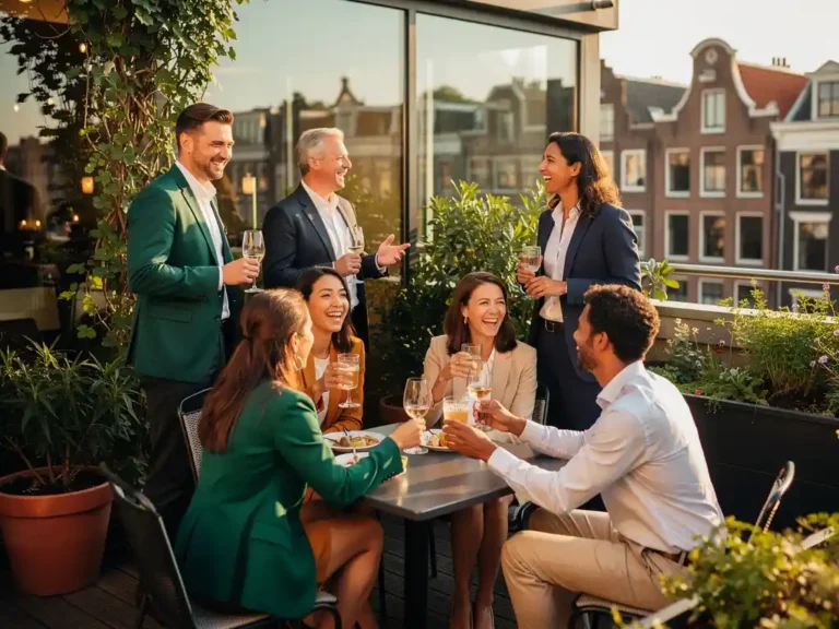 Diverse professionals lachen en proosten op een zonnig dakterras in Amsterdam, omringd door weelderige planten en glaswanden.