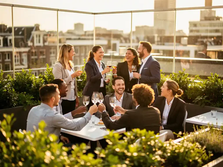 Professionals proosten en lachen op een zonnig dakterras in Amsterdam, omgeven door groene plantenbakken en glazen wanden in gouden avondlicht.