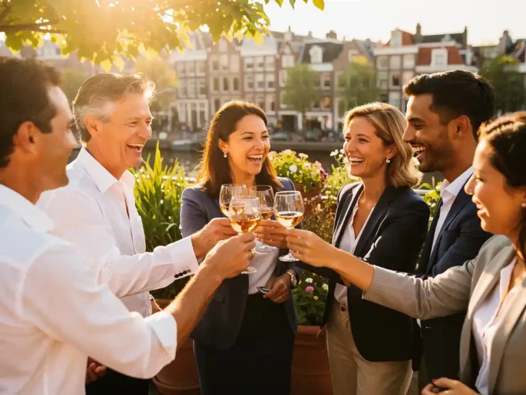 Professionals proosten lachend op een zonnig dakterras in Amsterdam, omringd door groen en de skyline op de achtergrond.