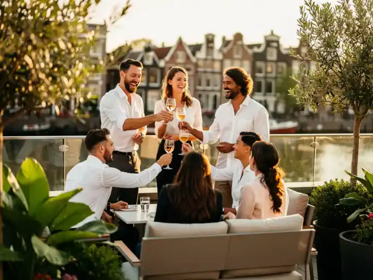 Professionals lachen en proosten op een zonnig dakterras in Amsterdam, omringd door weelderige planten en modern meubilair.