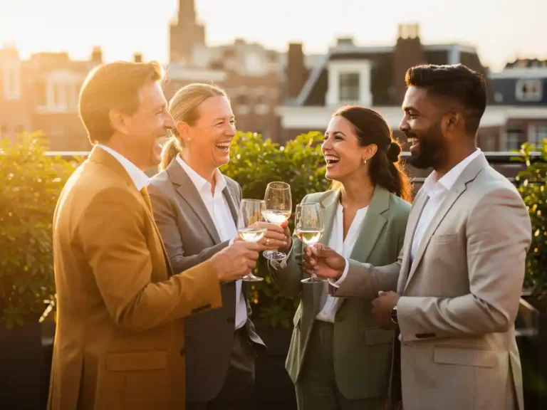 Professionals lachen en proosten tijdens een informele borrel op een zonnig dakterras in Amsterdam, met een warme stadshorizon op de achtergrond.